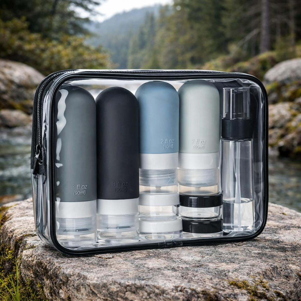 Kit de flacons de voyage en silicone – format cabine et compact