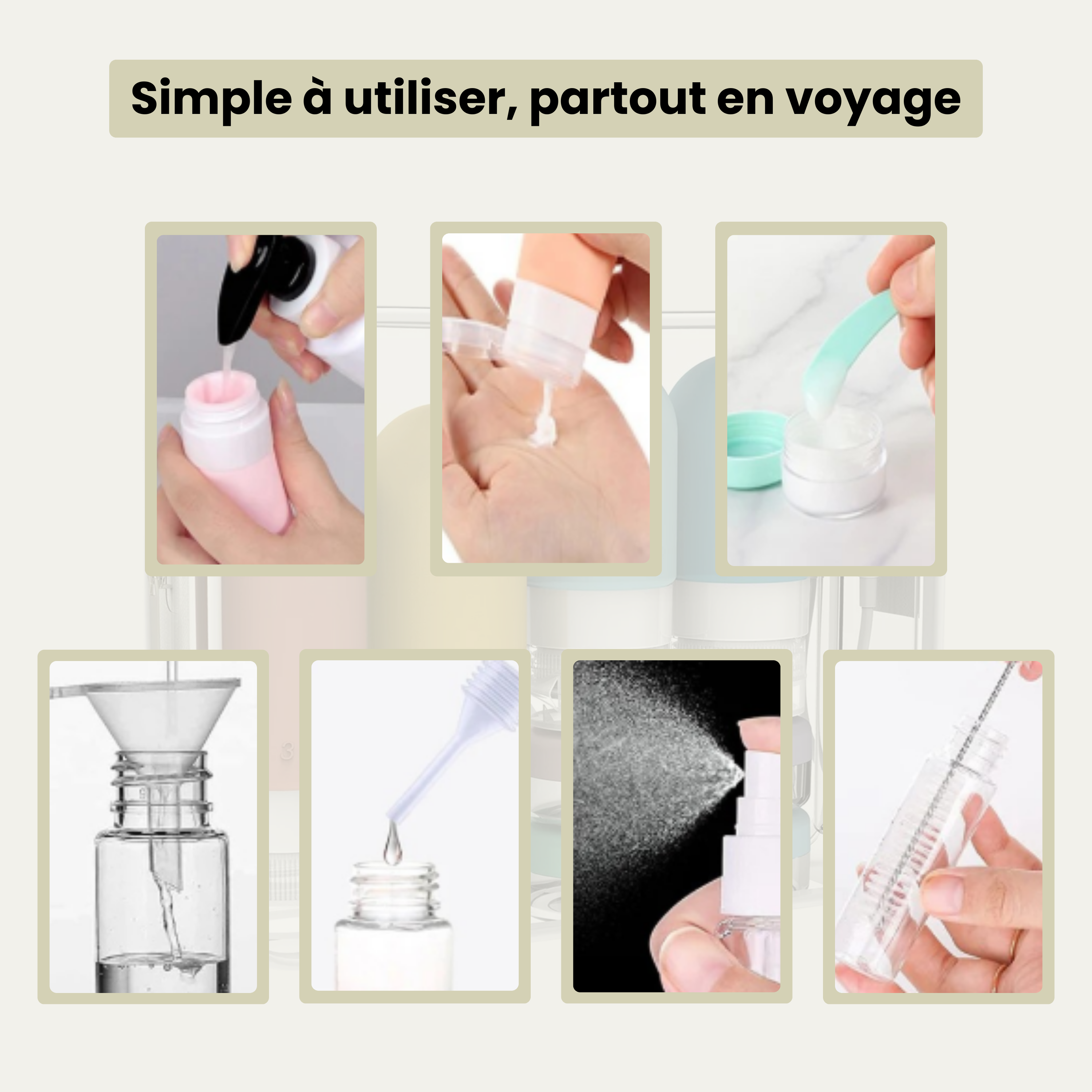 Kit de flacons de voyage en silicone – format cabine et compact