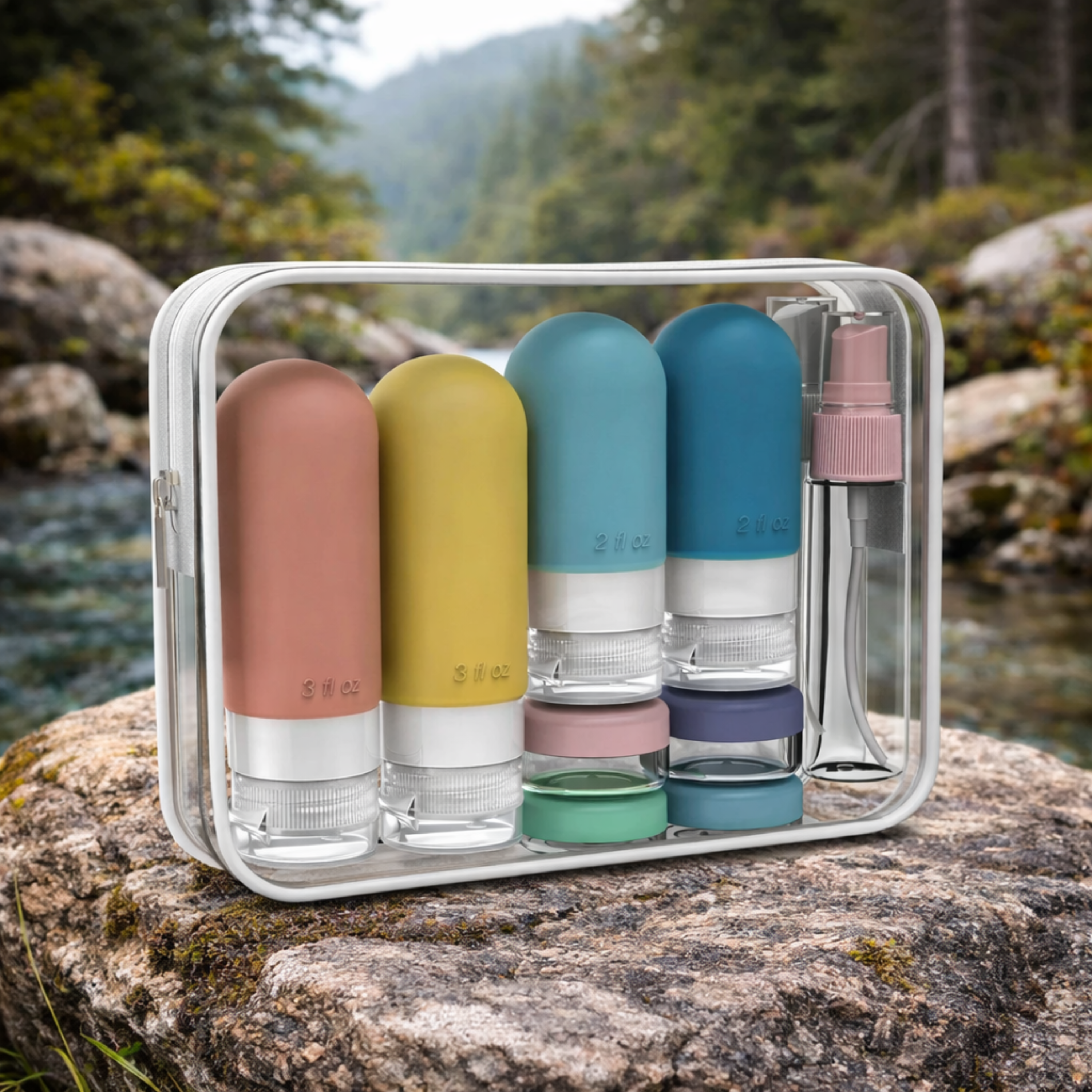 Kit de flacons de voyage en silicone – format cabine et compact